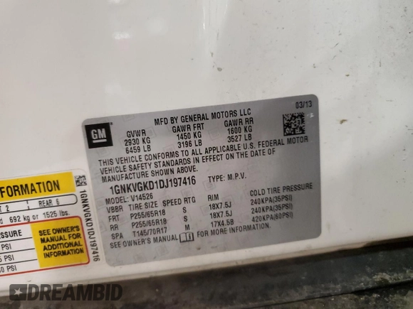 2013 Chevrolet Traverse LT with VIN 1GNKVGKD1DJ197416, listed as a Copart auction lot 47220605 with 137,620 mi miles and Salvage Title. Bid and sale history available at DreamBid. Image 15.