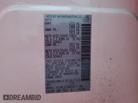 2018 Nissan Pathfinder Platinum with VIN 5N1DR2MMXJC616722, listed as a Copart auction lot 79329804 with 106,343 mi miles and Salvage title. Bid and sale history available at DreamBid. Image 14.