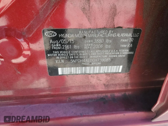 2016 Hyundai Elantra SE with VIN 5NPDH4AE0GH739085, listed as a Copart auction lot 56312665 with 130,534 mi miles and Salvage title. Bid and sale history available at DreamBid. Image 13.