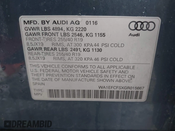 2016 Audi Q3 Premium Plus with VIN WA1EFCFSXGR015667, listed as a IAAI auction lot 42201938 with 133,359 mi miles and . Bid and sale history available at DreamBid. Image 9.