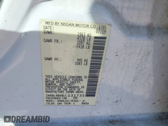 2020 Nissan Altima S with VIN 1N4BL4BV8LC131735, listed as a IAAI auction lot 41657382 with 121,267 mi miles and . Bid and sale history available at carsss.com. Image 9.