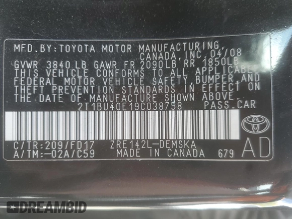 2009 Toyota Corolla with VIN 2T1BU40E19C038758, listed as a Copart auction lot 55468665 with 197,790 mi miles and Clean Title. Bid and sale history available at carsss.com. Image 12.