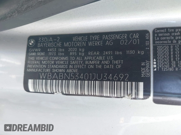 2001 BMW 3 Series 330Ci with VIN WBABN53401JU34692, listed as a IAAI auction lot 41763039 with 204,062 mi miles. Bid and sale history available at carsss.com. Image 9.