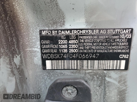 2004 Mercedes-Benz SL 55/63 AMG z VIN WDBSK74F04F066947, wystawiony jako Copart lot #81476904 z przebiegiem Nie podano mil oraz Szkoda całkowita • Salvage title. Historia ofert i sprzedaży dostępna na DreamBid. Obrazek 12.
