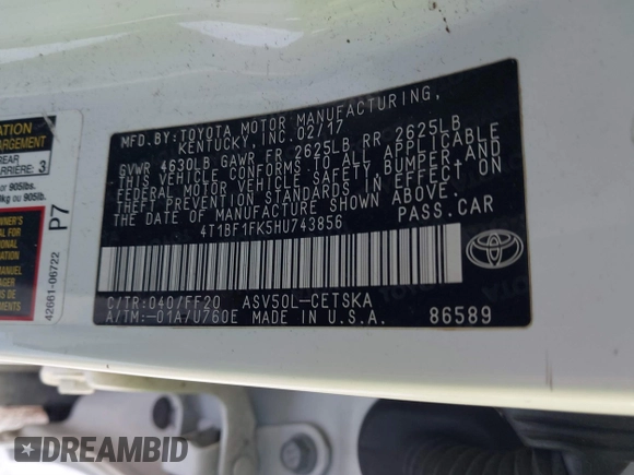 2017 Toyota Camry XLE z VIN 4T1BF1FK5HU743856, wystawiony jako IAAI lot #41297063 z przebiegiem 156 218 mil mil oraz . Historia ofert i sprzedaży dostępna na DreamBid. Obrazek 9.