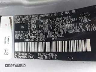 2012 Toyota Sienna LE AAS with VIN 5TDKK3DC1CS190661, listed as a IAAI auction lot 42333206 with 275,012 mi miles and . Bid and sale history available at DreamBid. Image 9.