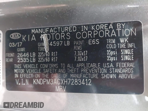 2017 Kia Sportage LX with VIN KNDPM3ACXH7283412, listed as a IAAI auction lot 41896463 with 58,473 mi miles and . Bid and sale history available at carsss.com. Image 9.
