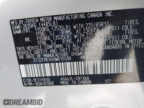2013 Toyota RAV4 LE with VIN 2T3ZFREV4DW015598, listed as a IAAI auction lot 42087213 with 160,261 mi miles and . Bid and sale history available at carsss.com. Image 9.