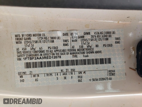 2024 Ford F-250 XL z VIN 1FTBF2AA3RED12078, wystawiony jako Copart lot #76826684 z przebiegiem Nie podano mil oraz Szkoda całkowita • Salvage title. Historia ofert i sprzedaży dostępna na DreamBid. Obrazek 12.