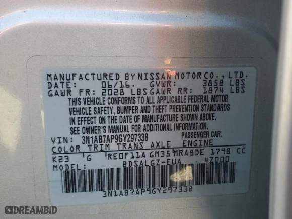2016 Nissan Sentra SL with VIN 3N1AB7AP9GY297338, listed as a Copart auction lot 48556895 with 49,417 mi miles and Salvage Title. Bid and sale history available at carsss.com. Image 14.