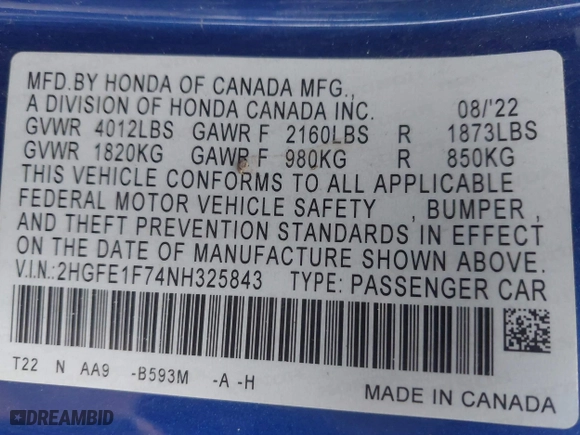 2022 Honda Civic Sedan EX with VIN 2HGFE1F74NH325843, listed as a IAAI auction lot 41116731 with 69,429 mi miles. Bid and sale history available at carsss.com. Image 9.