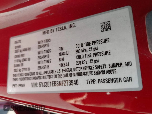 2022 Tesla Model 3 Long Range with VIN 5YJ3E1EB3NF273540, listed as a IAAI auction lot 41978069 with 27,247 mi miles and . Bid and sale history available at DreamBid. Image 9.