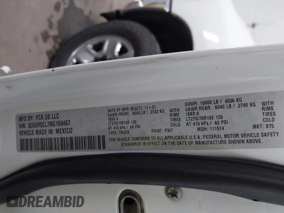 2022 Ram 2500 Tradesman with VIN 3C6UR5CL7NG169467, listed as a IAAI auction lot 41871191 with 195,029 mi miles and . Bid and sale history available at DreamBid. Image 9.