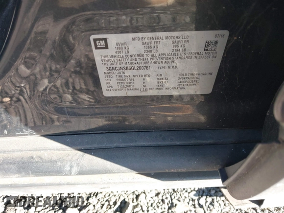 2016 Chevrolet Trax LS with VIN 3GNCJNSB5GL260761, listed as a IAAI auction lot 41280978 with 999,999 mi miles. Bid and sale history available at carsss.com. Image 9.