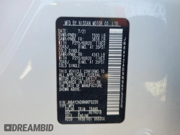 2022 Nissan Armada SV with VIN JN8AY2AD9N9675220, listed as a Copart auction lot 47884005 with 63,800 mi miles and Salvage Title. Bid and sale history available at carsss.com. Image 14.