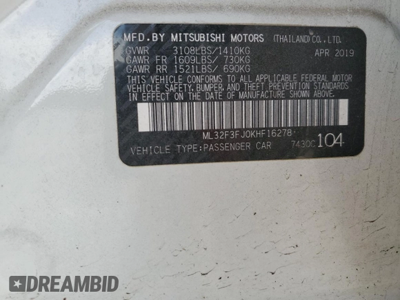 2019 Mitsubishi Mirage ES z VIN ML32F3FJ0KHF16278, wystawiony jako Copart lot #52785655 z przebiegiem 57 873 mil mil oraz Szkoda całkowita • Salvage title. Historia ofert i sprzedaży dostępna na DreamBid. Obrazek 12.