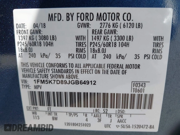 2018 Ford Explorer XLT с VIN 1FM5K7D89JGB64912, выставлен на аукционе IAAI как лот 42370853 с пробегом 76 208 миль миль и . История ставок и продаж доступна на DreamBid. Изображение 9.