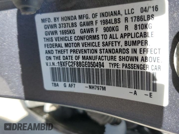 2016 Honda Civic Sedan EX with VIN 19XFC2F88GE050494, listed as a Copart auction lot 47212305 with 117,883 mi miles and Salvage Title. Bid and sale history available at carsss.com. Image 14.