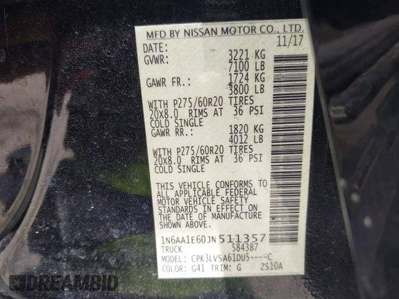 2018 Nissan Titan SV with VIN 1N6AA1E60JN511357, listed as a IAAI auction lot 42582405 with 110,043 mi miles and . Bid and sale history available at DreamBid. Image 9.