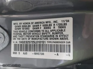 2005 Honda Civic EX with VIN 1HGES25725L010151, listed as a IAAI auction lot 41726022 with 204,726 mi miles. Bid and sale history available at carsss.com. Image 9.