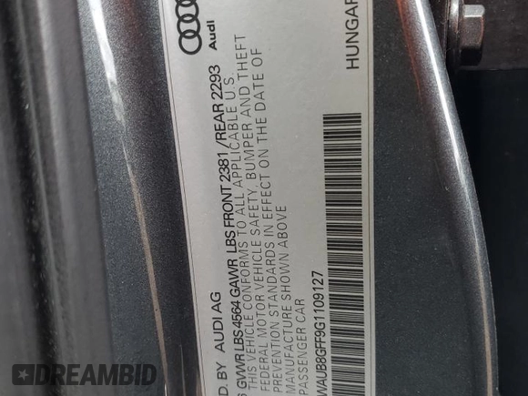 2016 Audi A3 2.0T Premium with VIN WAUB8GFF9G1109127, listed as a Copart auction lot 74661673 with 82,304 mi miles. Bid and sale history available at carsss.com. Image 12.