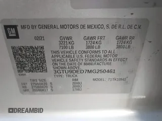 2021 GMC Sierra 1500 SLT z VIN 3GTU9DED7MG250461, wystawiony jako IAAI lot #41460881 z przebiegiem 89 344 mil mil oraz . Historia ofert i sprzedaży dostępna na DreamBid. Obrazek 9.