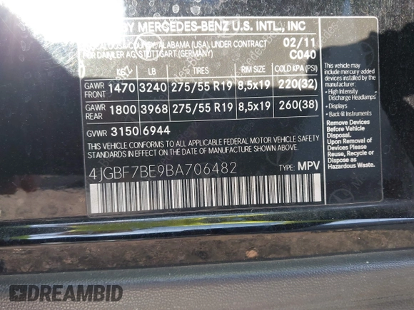 2011 Mercedes-Benz GL-Class GL 450 with VIN 4JGBF7BE9BA706482, listed as a IAAI auction lot 42183670 with 259,450 mi miles. Bid and sale history available at carsss.com. Image 9.