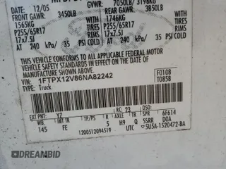 2006 Ford F-150 XL с VIN 1FTPX12V86NA82242, выставлен на аукционе Copart как лот 56588835 с пробегом 124 066 миль миль и Списание • Salvage title. История ставок и продаж доступна на DreamBid. Изображение 12.