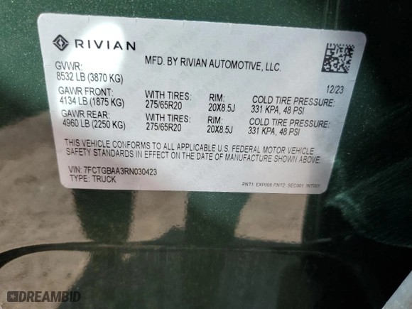 2024 Rivian R1T Adventure with VIN 7FCTGBAA3RN030423, listed as a Copart auction lot 46174115 with 8,513 mi miles and Salvage Title. Bid and sale history available at carsss.com. Image 13.