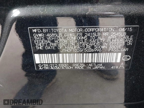 2015 Lexus IS 250 with VIN JTHCF1D26F5026996, listed as a IAAI auction lot 41537558 with 133,341 mi miles and . Bid and sale history available at DreamBid. Image 9.