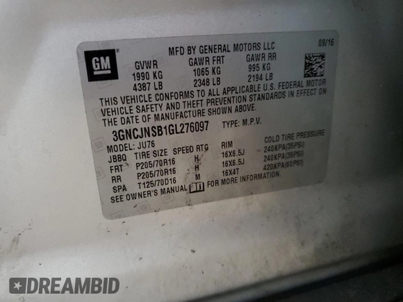 2016 Chevrolet Trax LS with VIN 3GNCJNSB1GL276097, listed as a Copart auction lot 47018065 with 89,362 mi miles and Salvage Title. Bid and sale history available at carsss.com. Image 13.