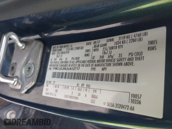 2018 Ford Escape Titanium with VIN 1FMCU0J99JUA12717, listed as a IAAI auction lot 42237509 with 123,896 mi miles and . Bid and sale history available at DreamBid. Image 9.