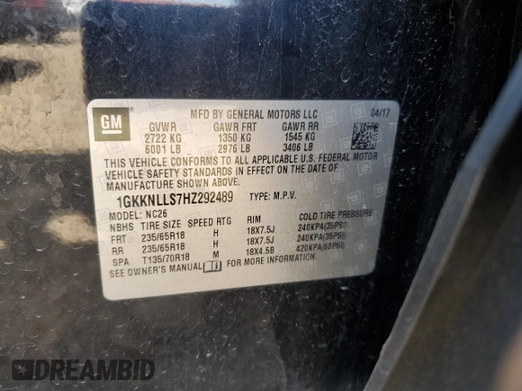 2017 GMC Acadia SLE with VIN 1GKKNLLS7HZ292489, listed as a Copart auction lot 55951875 with 122,328 mi miles and Salvage title. Bid and sale history available at DreamBid. Image 14.