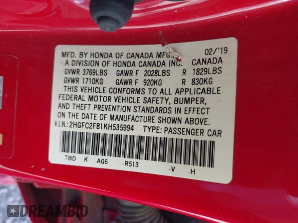 2019 Honda Civic Sport with VIN 2HGFC2F81KH535994, listed as a IAAI auction lot 41686522 with 131,835 mi miles and . Bid and sale history available at DreamBid. Image 9.