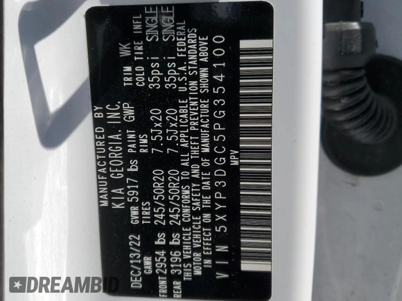 2023 Kia Telluride EX X-Line with VIN 5XYP3DGC5PG354100, listed as a Copart auction lot 49047485 with 39,412 mi miles and Salvage title. Bid and sale history available at DreamBid. Image 13.