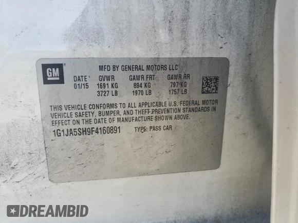 2015 Chevrolet Sonic LS with VIN 1G1JA5SH9F4160891, listed as a Copart auction lot 54387525 with 61,181 mi miles and Salvage title. Bid and sale history available at DreamBid. Image 12.