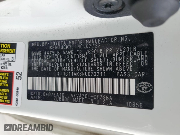2022 Toyota Camry SE with VIN 4T1G11AK6NU073211, listed as a Copart auction lot 53897755 with 65,443 mi miles and Salvage Title. Bid and sale history available at DreamBid. Image 12.