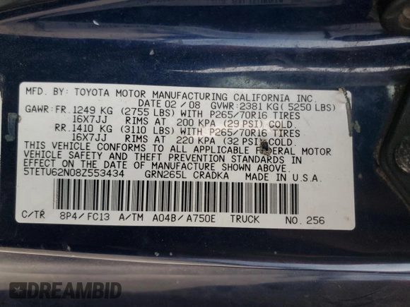 2008 Toyota Tacoma PreRunner with VIN 5TETU62N08Z553434, listed as a Copart auction lot 46649095 with 304,958 mi miles and Clean Title. Bid and sale history available at DreamBid. Image 12.