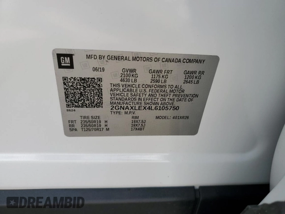 2020 Chevrolet Equinox LT with VIN 2GNAXLEX4L6105750, listed as a Copart auction lot 46660935 with 55,847 mi miles and Non Repairable. Bid and sale history available at carsss.com. Image 13.