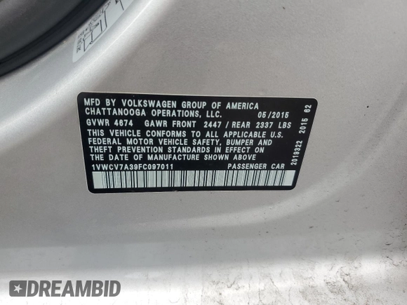 2015 Volkswagen Passat SEL Premium with VIN 1VWCV7A39FC097011, listed as a Copart auction lot 63255745 with 159,543 mi miles and Salvage title. Bid and sale history available at DreamBid. Image 12.