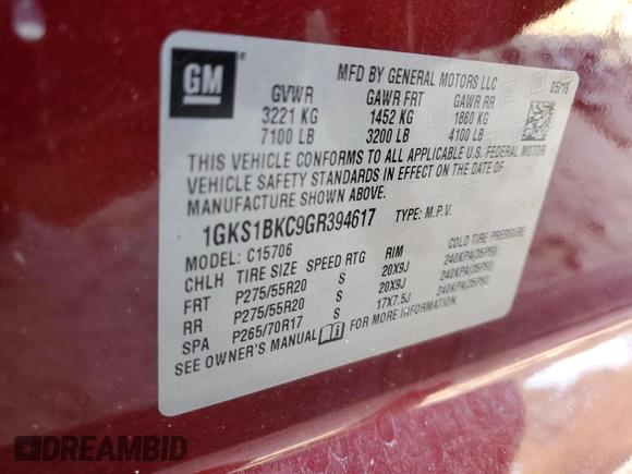 2016 GMC Yukon SLT with VIN 1GKS1BKC9GR394617, listed as a Copart auction lot 46825825 with 144,800 mi miles and Salvage Title. Bid and sale history available at carsss.com. Image 15.