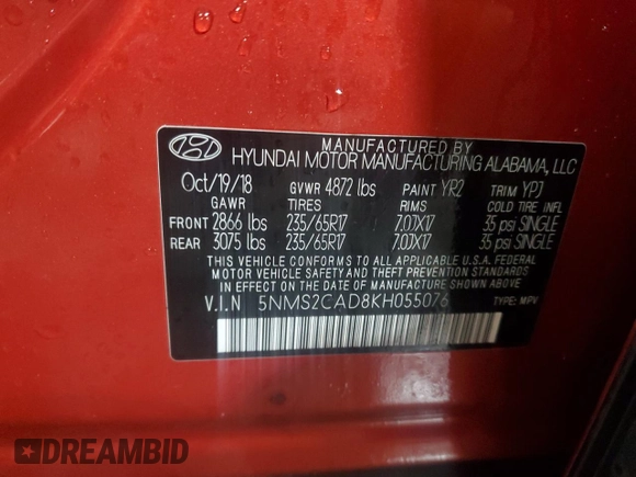 2019 Hyundai Santa Fe SE with VIN 5NMS2CAD8KH055076, listed as a Copart auction lot 52491615 with 121,494 mi miles and Salvage title. Bid and sale history available at DreamBid. Image 14.