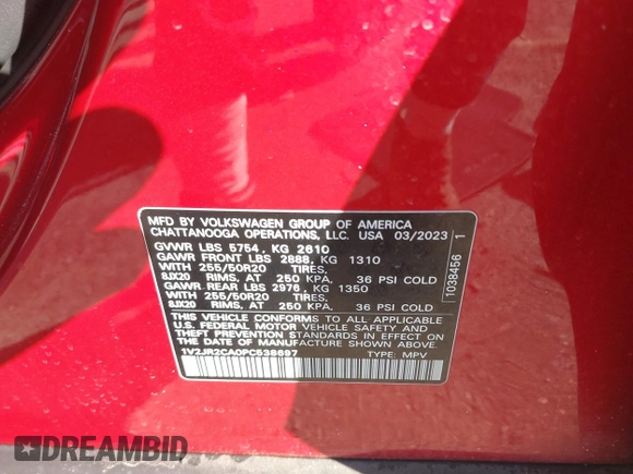 2023 Volkswagen Atlas SE z VIN 1V2JR2CA0PC538697, wystawiony jako IAAI lot #41347126 z przebiegiem 28 310 mil mil oraz . Historia ofert i sprzedaży dostępna na DreamBid. Obrazek 9.