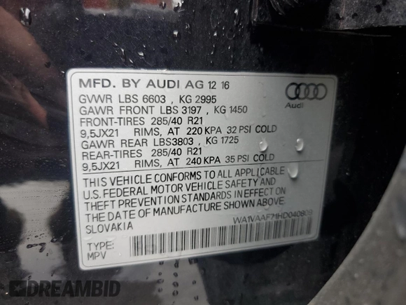 2017 Audi Q7 Prestige with VIN WA1VAAF71HD040809, listed as a Copart auction lot 59728235 with 109,168 mi miles and Salvage title. Bid and sale history available at DreamBid. Image 12.