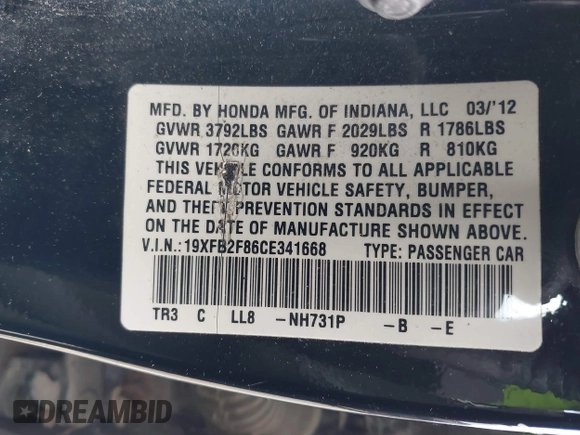 2012 Honda Civic EX with VIN 19XFB2F86CE341668, listed as a IAAI auction lot 42013980 with 187,425 mi miles and . Bid and sale history available at DreamBid. Image 9.