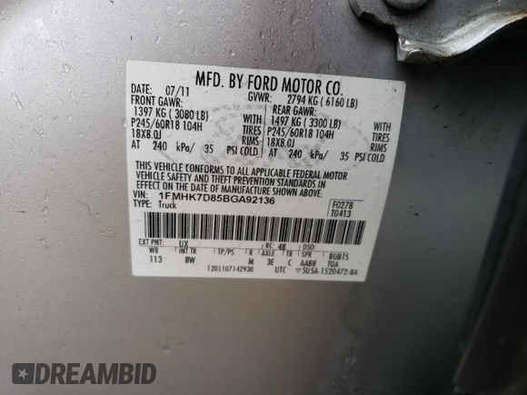 2011 Ford Explorer XLT с VIN 1FMHK7D85BGA92136, выставлен на аукционе Copart как лот 63396044 с пробегом Не указан миль и На запчасти • Non repairable. История ставок и продаж доступна на DreamBid. Изображение 15.