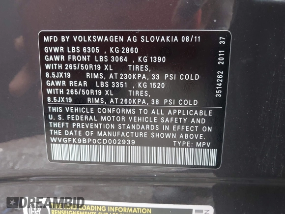 2012 Volkswagen Touareg Sport with VIN WVGFK9BP0CD002939, listed as a IAAI auction lot 42531654 with 222,435 mi miles and . Bid and sale history available at DreamBid. Image 9.