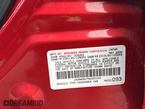 2008 Mitsubishi Lancer Evolution MR z VIN JA3AW56V78U051033, wystawiony jako Copart lot #82855894 z przebiegiem 92 726 mil mil oraz Szkoda całkowita • Salvage title. Historia ofert i sprzedaży dostępna na DreamBid. Obrazek 10.