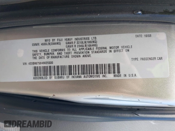 2004 Subaru Legacy Outback with VIN 4S3BH675846625500, listed as a IAAI auction lot 41892998 with 152,566 mi miles and . Bid and sale history available at DreamBid. Image 9.