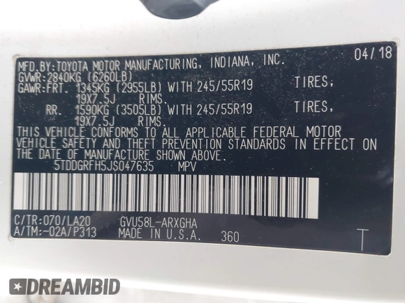 2018 Toyota Highlander Hybrid Limited with VIN 5TDDGRFH5JS047635, listed as a IAAI auction lot 41151301 with Not provided miles and . Bid and sale history available at DreamBid. Image 9.